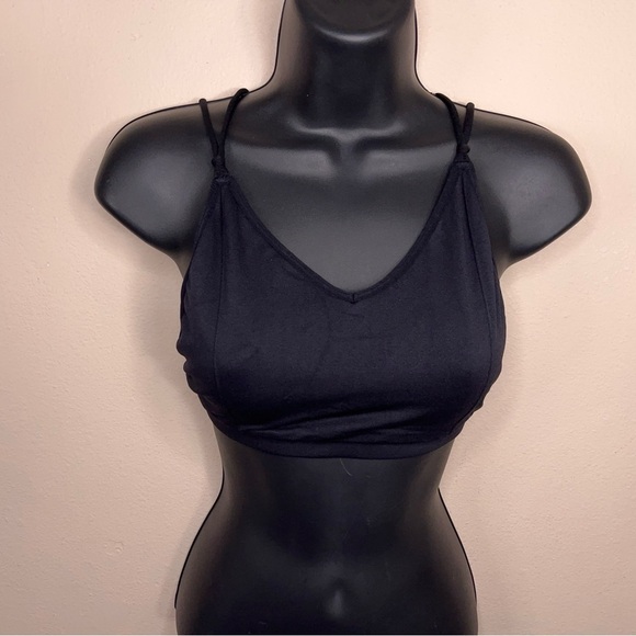 XS Black Strappy Bra Wireless Vneck Style Stretch Unlined Goth Casual - Picture 5 of 7